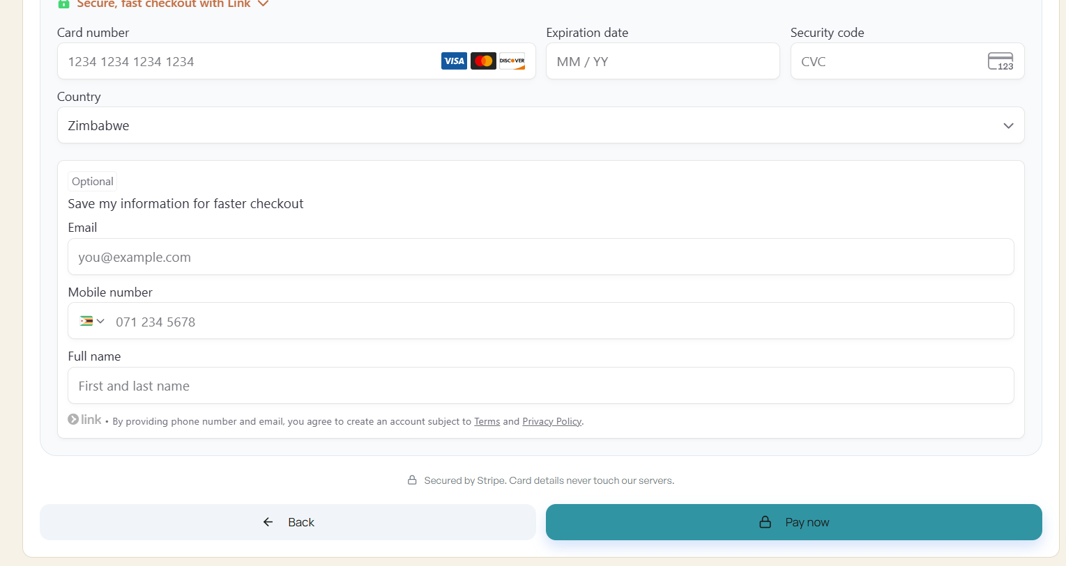 Paying the booking fee through Stripe