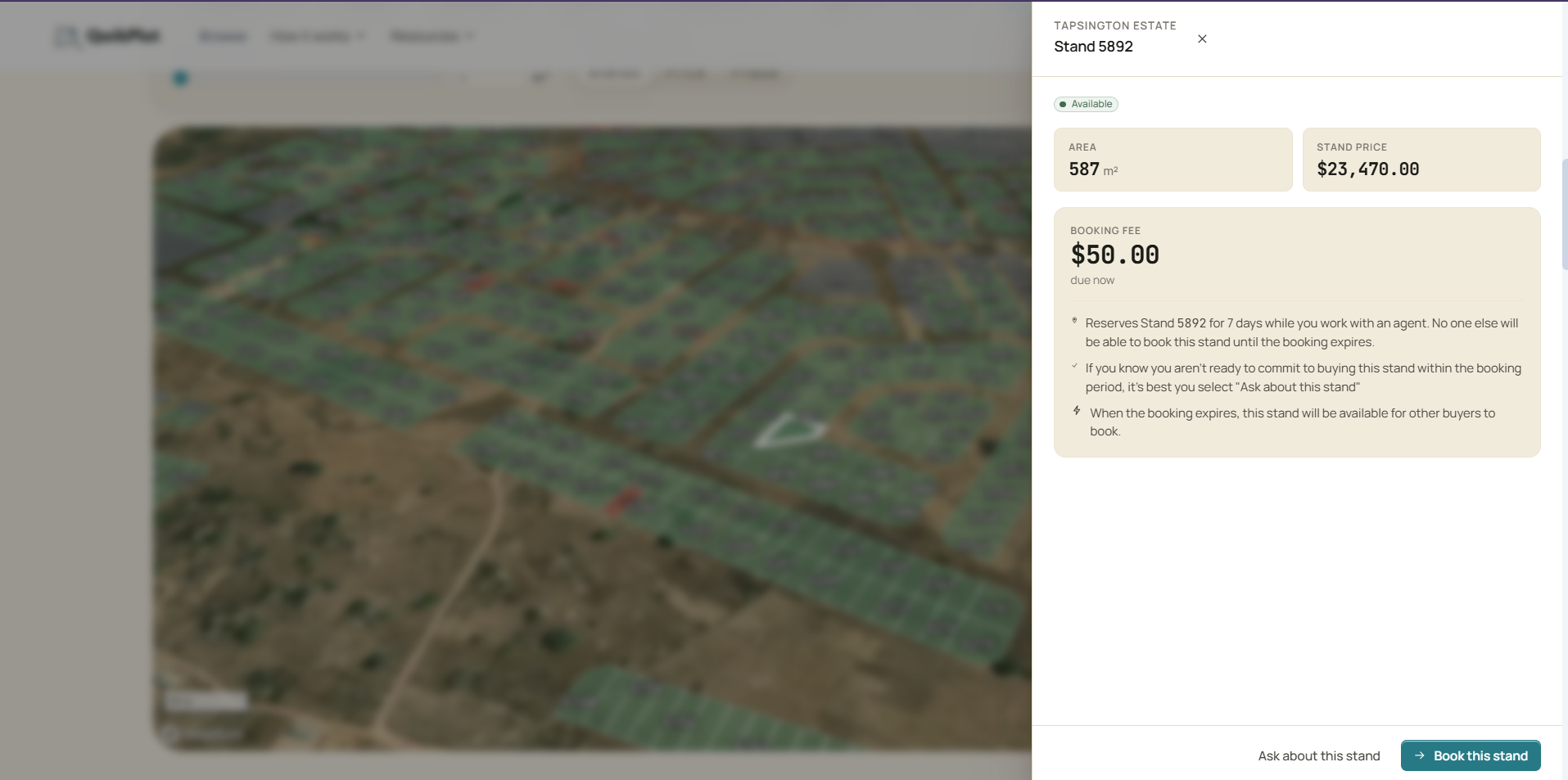 A buyer taps a parcel and reads its size, price and status
