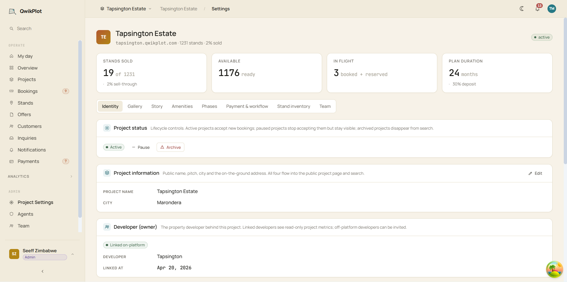 Project Identity settings showing the developer-owner linked to the operator's estate