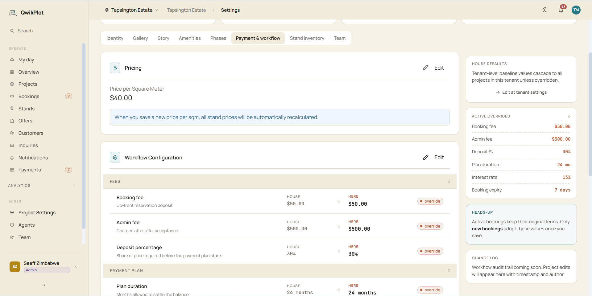 Fees and deposit settings